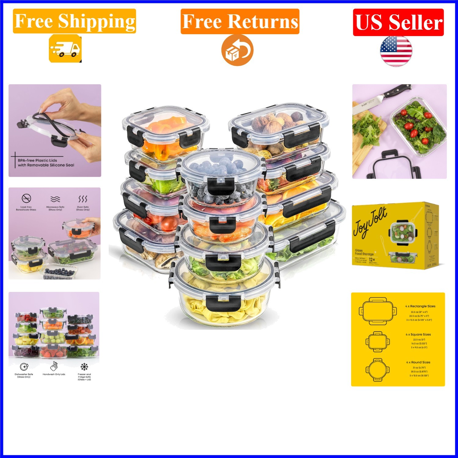 24-Piece Borosilicate Glass Food Storage Set with Airtight Lids, Black