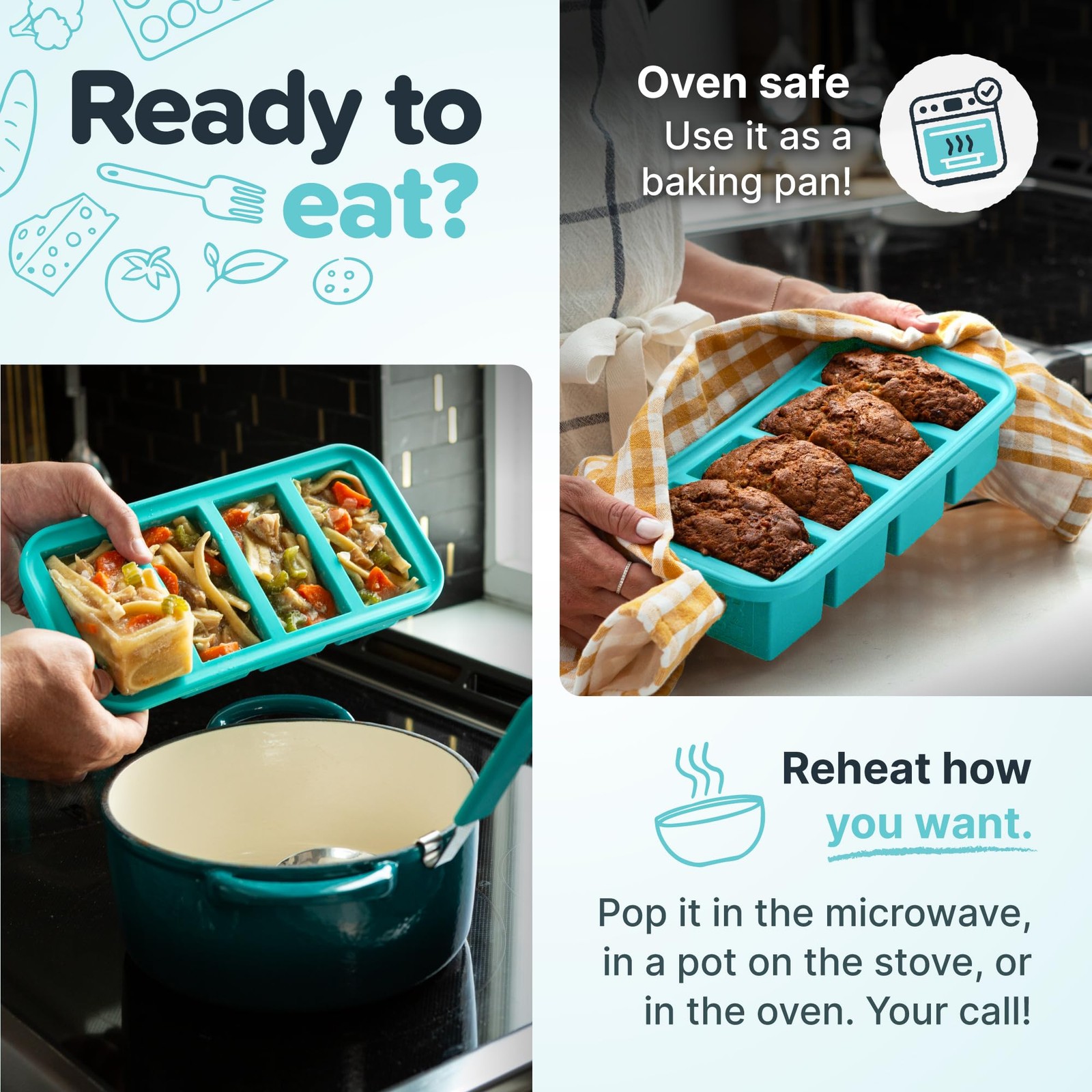 2 Cup Silicone Food Freezer Mold Aqua Portion Control Meal Prep Storage
