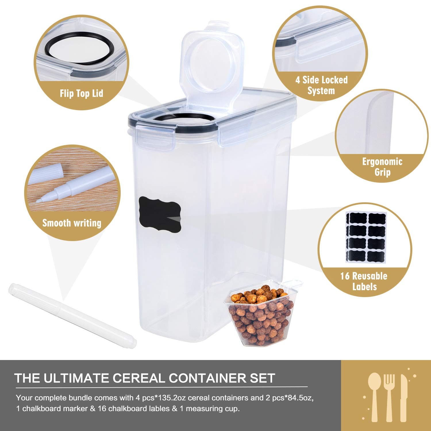 Cereal Containers Storage Set – 6 Piece Airtight Large Dry Cereal Storage