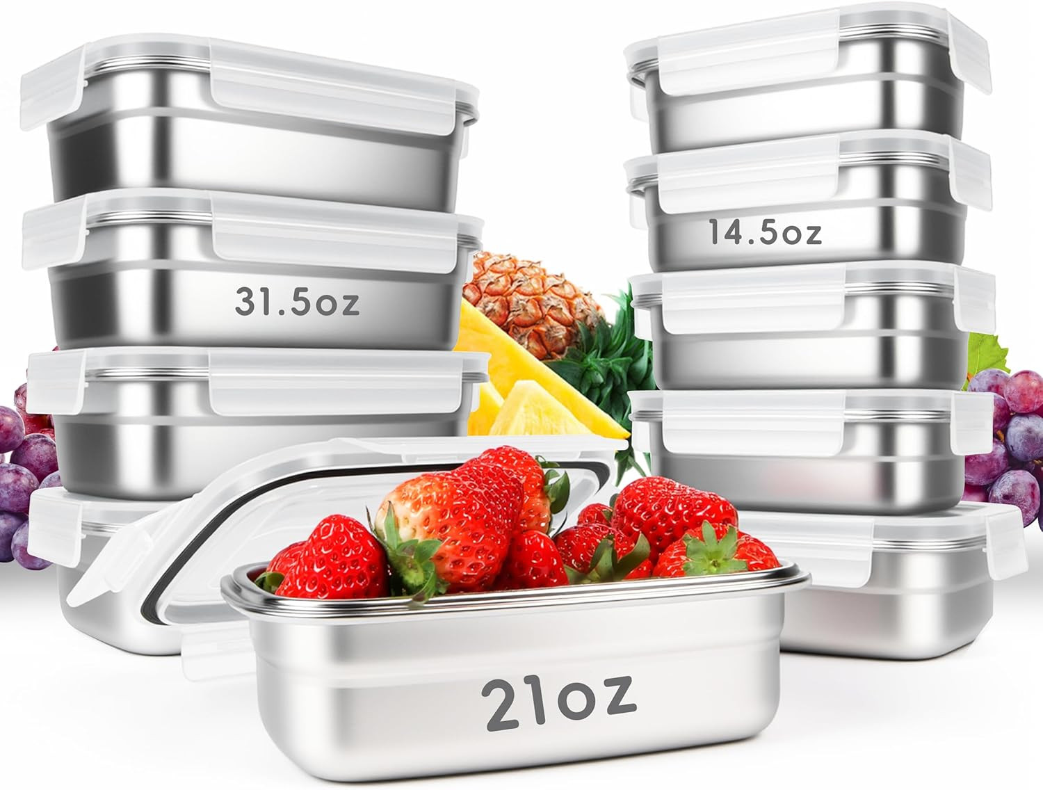10PCS 304 Stainless Steel Food Storage Containers with Airtight Leakproof Lids,