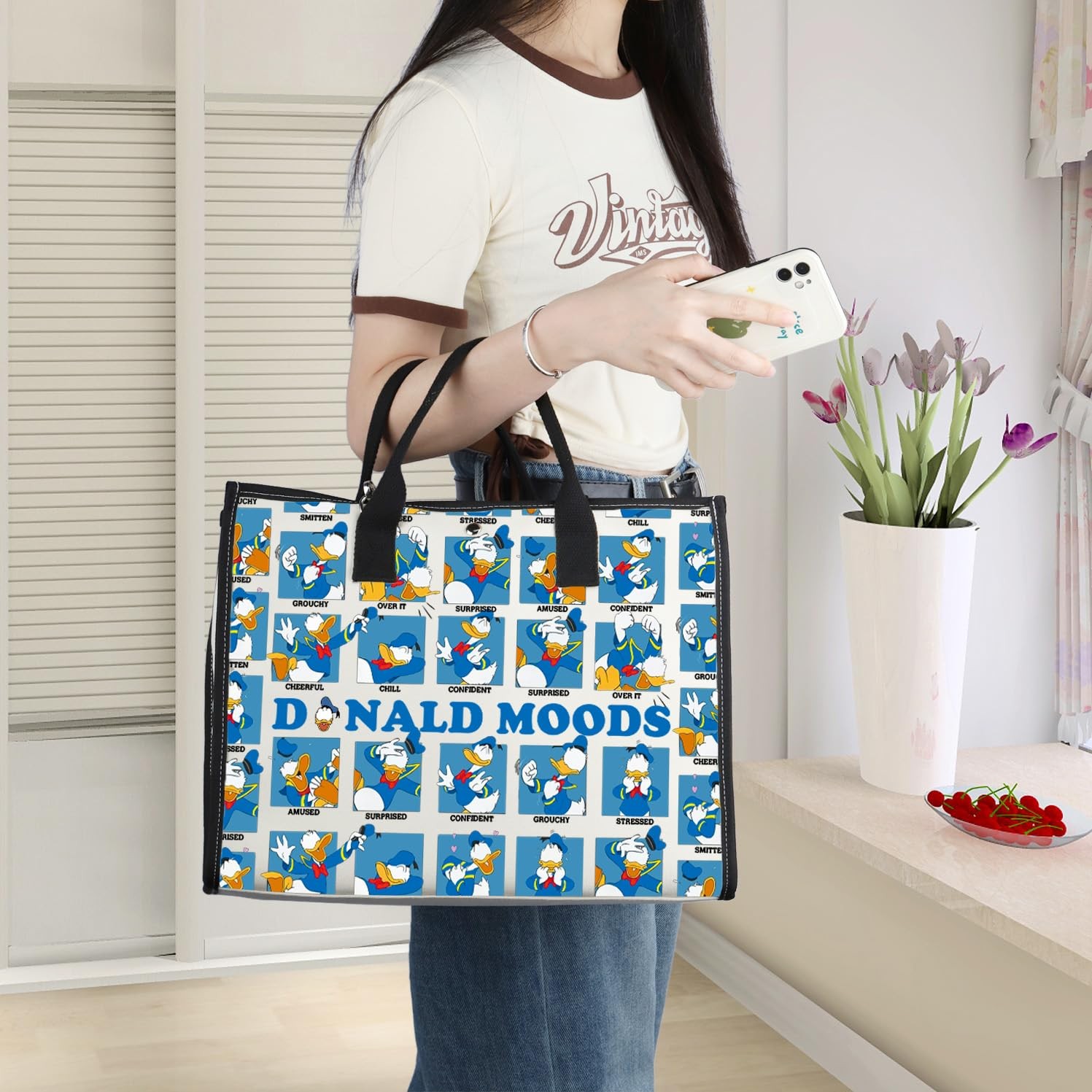 Wzmpa Funny Donald Tote Bag Duck Lover Gift Donald Moods Reusable Grocery Bag