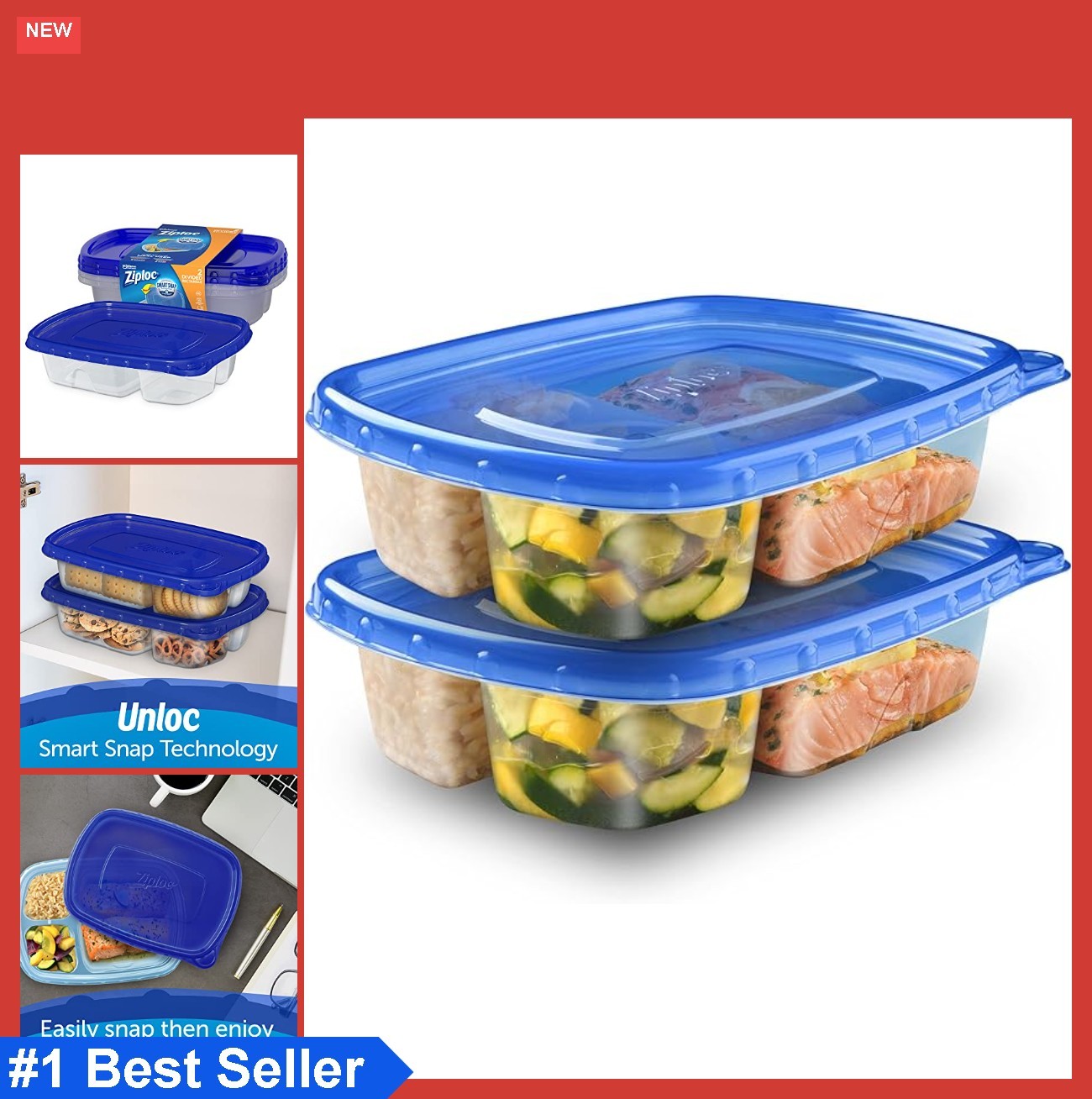 Food Storage Meal Prep Containers Divided Rectangle 2 Count Leak Proof