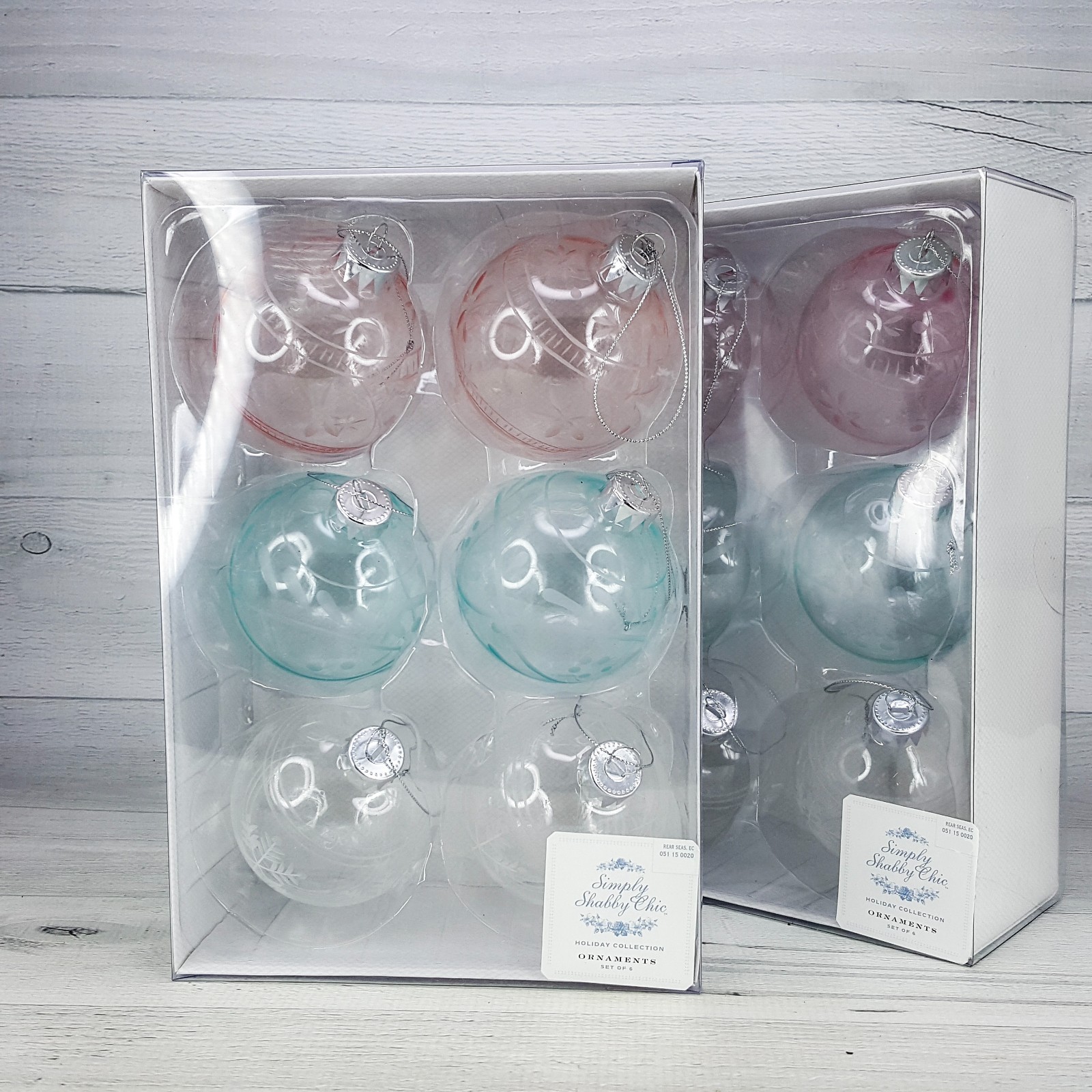 Simply Shabby Chic Glass Etched 3″ Christmas Ornament 12pc Pink Blue Clear NEW