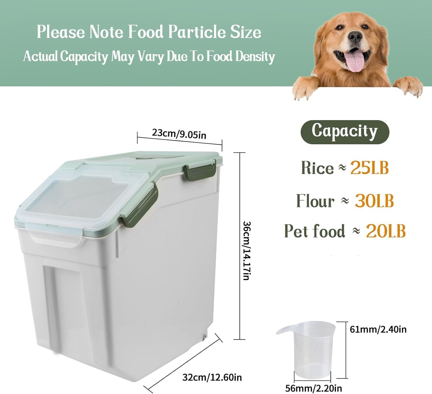 Large Airtight Storage Container with Wheels & Locking Lid, 25Lb Green 4PCS