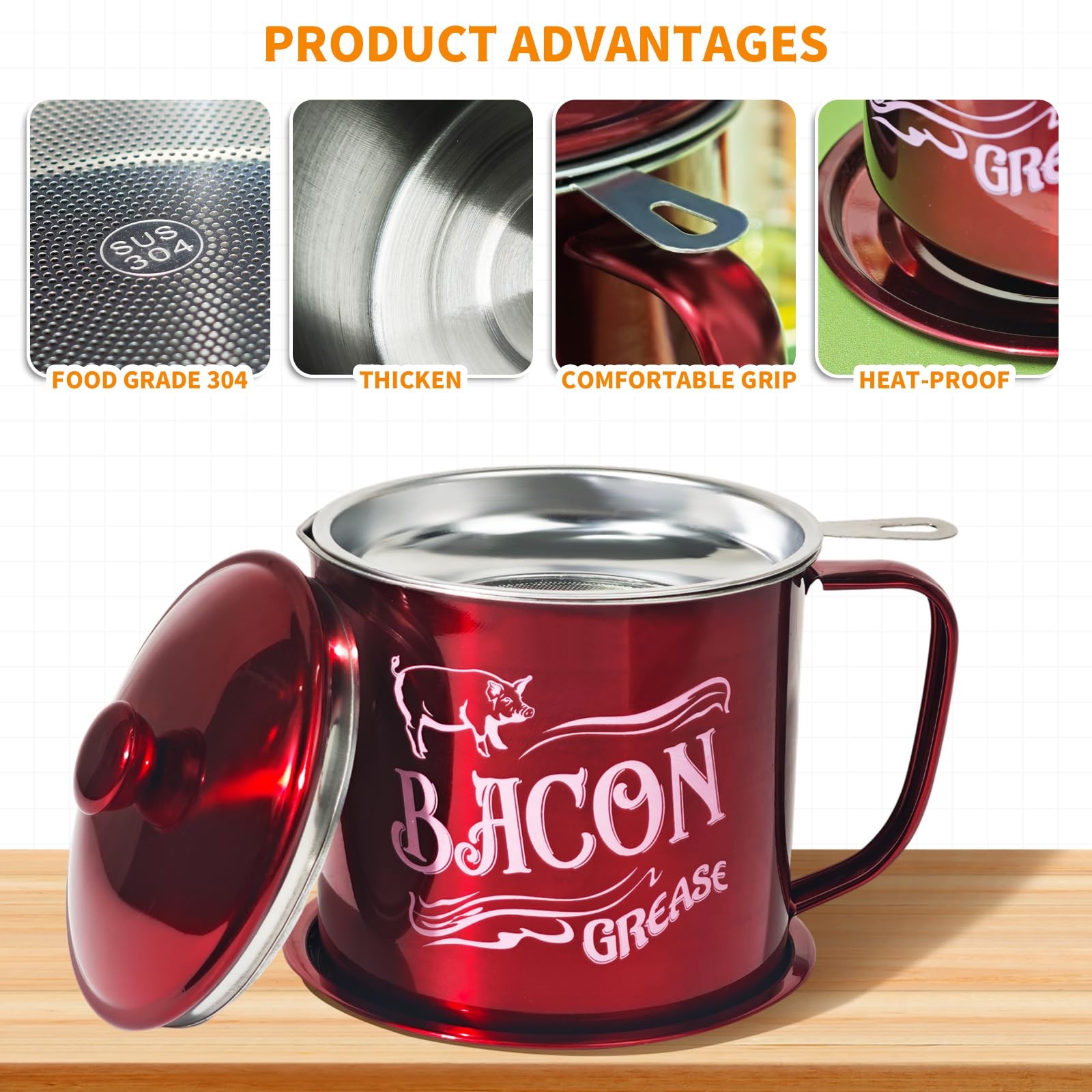 1.3L Bacon Grease Saver Container with Fine Mesh Strainer,Stainless Steel Oil Ke