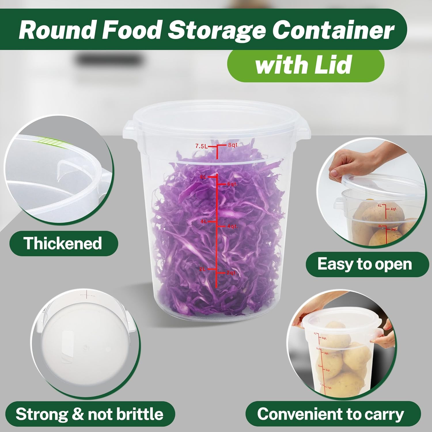 Round Food Storage Container with Lid, 8Qt Translucent, Commercial 4 Pack of – N