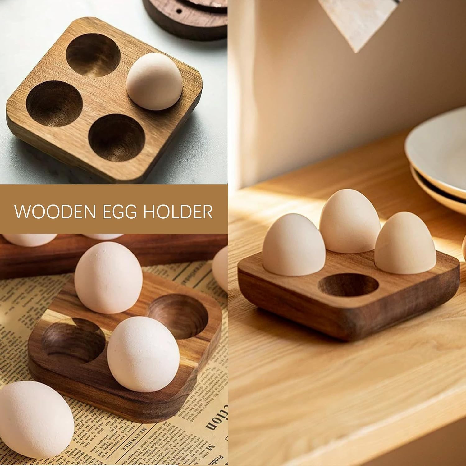 4 Slots Wooden Egg Tray, Egg Holder for Kitchen Refrigerator Countertop Display