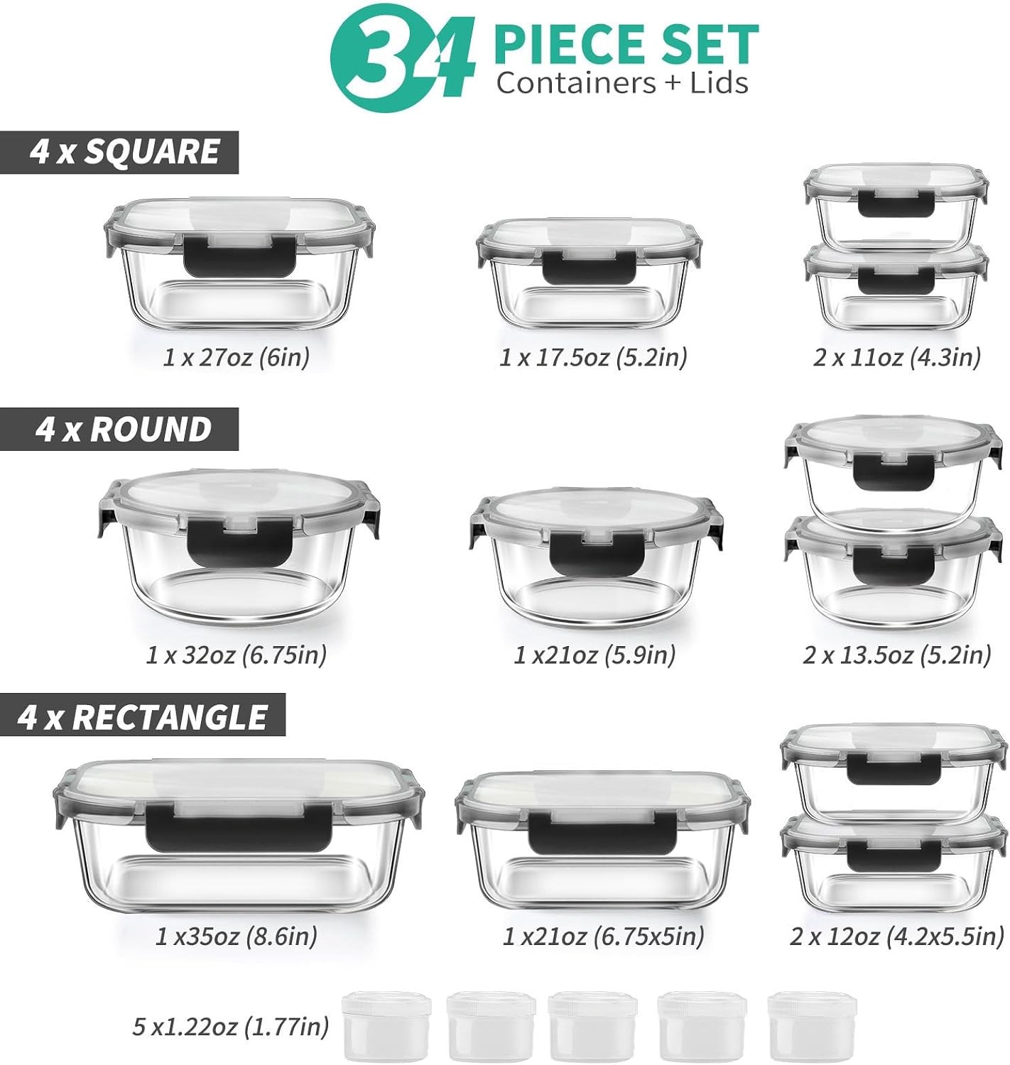 34pcs Glass Food Storage Containers W/ Lids Set Airtight Glass Prep Containers