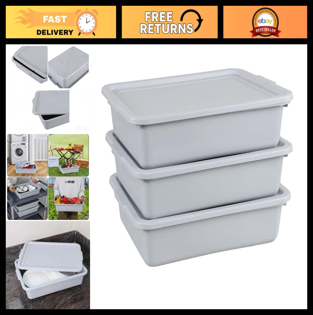 3-Pack 13L Plastic Bus Tubs with Lids – Commercial Restaurant Dish Storage, Grey