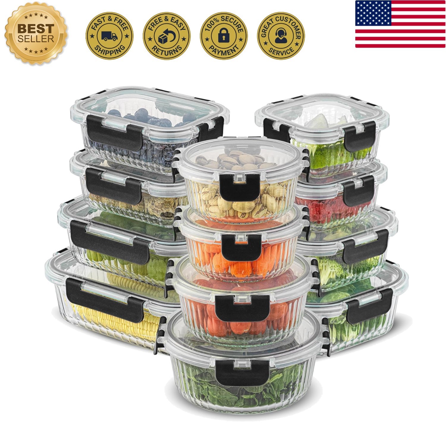 24pc Borosilicate Glass Storage Containers with Lids | 12 Airtight/Freezer Sa…