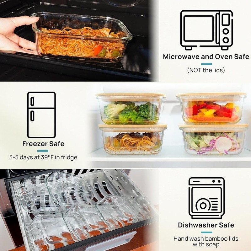 Bamboo Glass Food Storage Containers Reusable Microwave Oven Safe BPA Free New