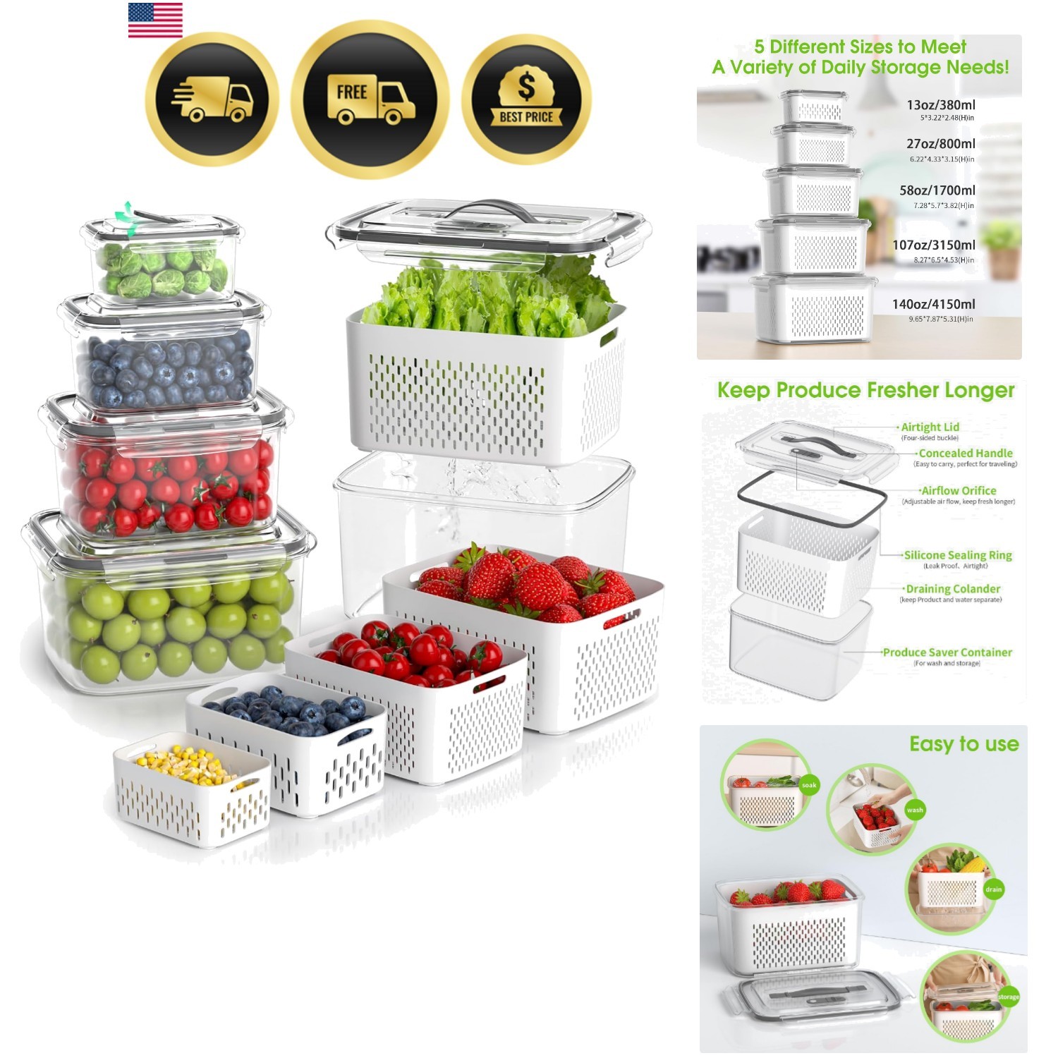 Fruit Storage Containers for Fridge – 5 Size Berry Containers for Fridge Keep…