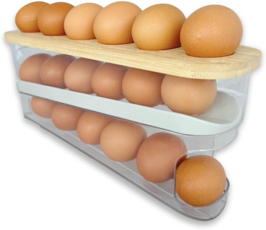 18 Egg Dispenser for Refrigerator – Durable Organizer with Wooden Lid, Space-Sav