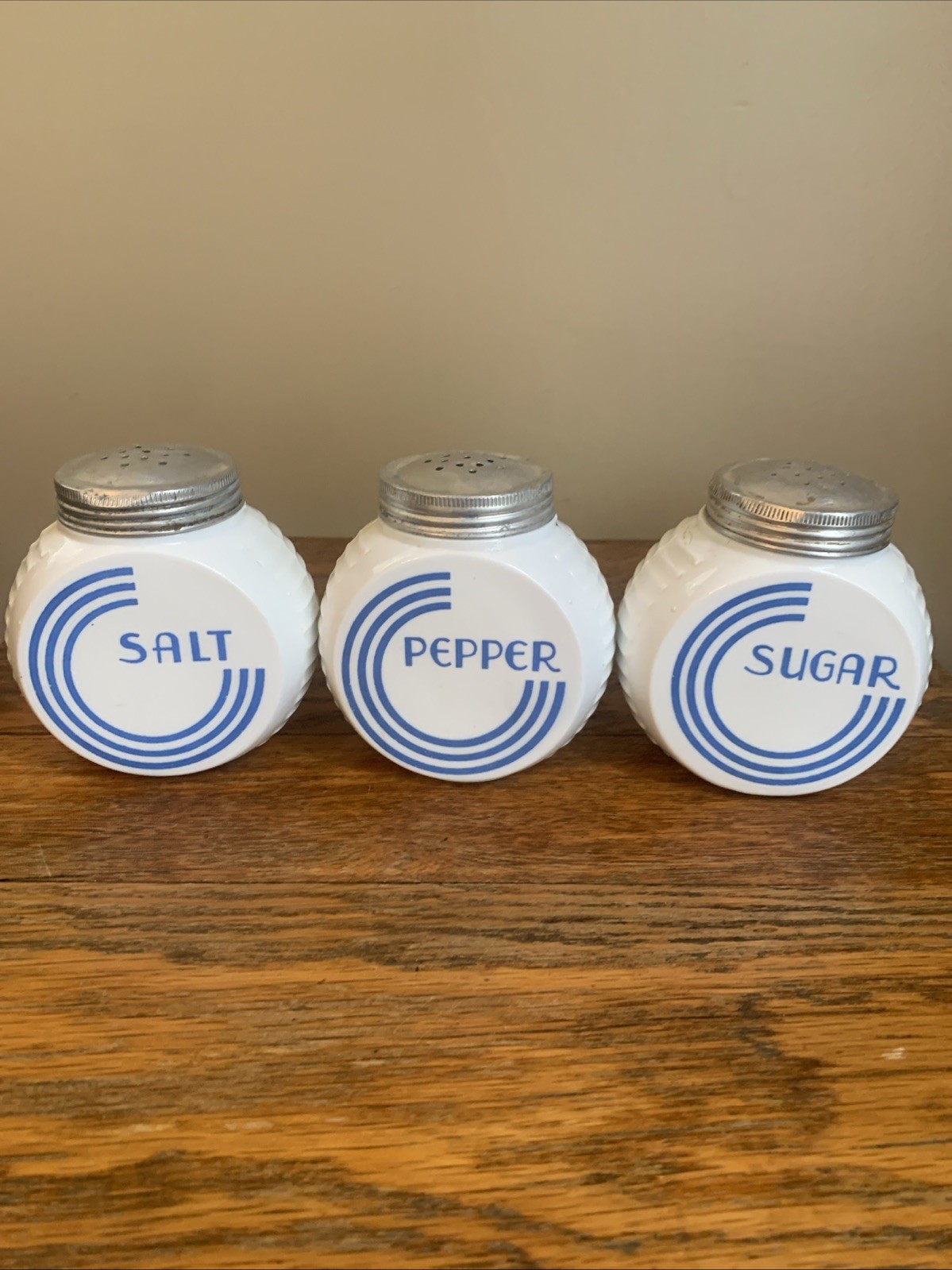 Anchor Hocking Vitrock Milk Glass Blue Circles Salt Pepper Sugar 3.75″ Vintage