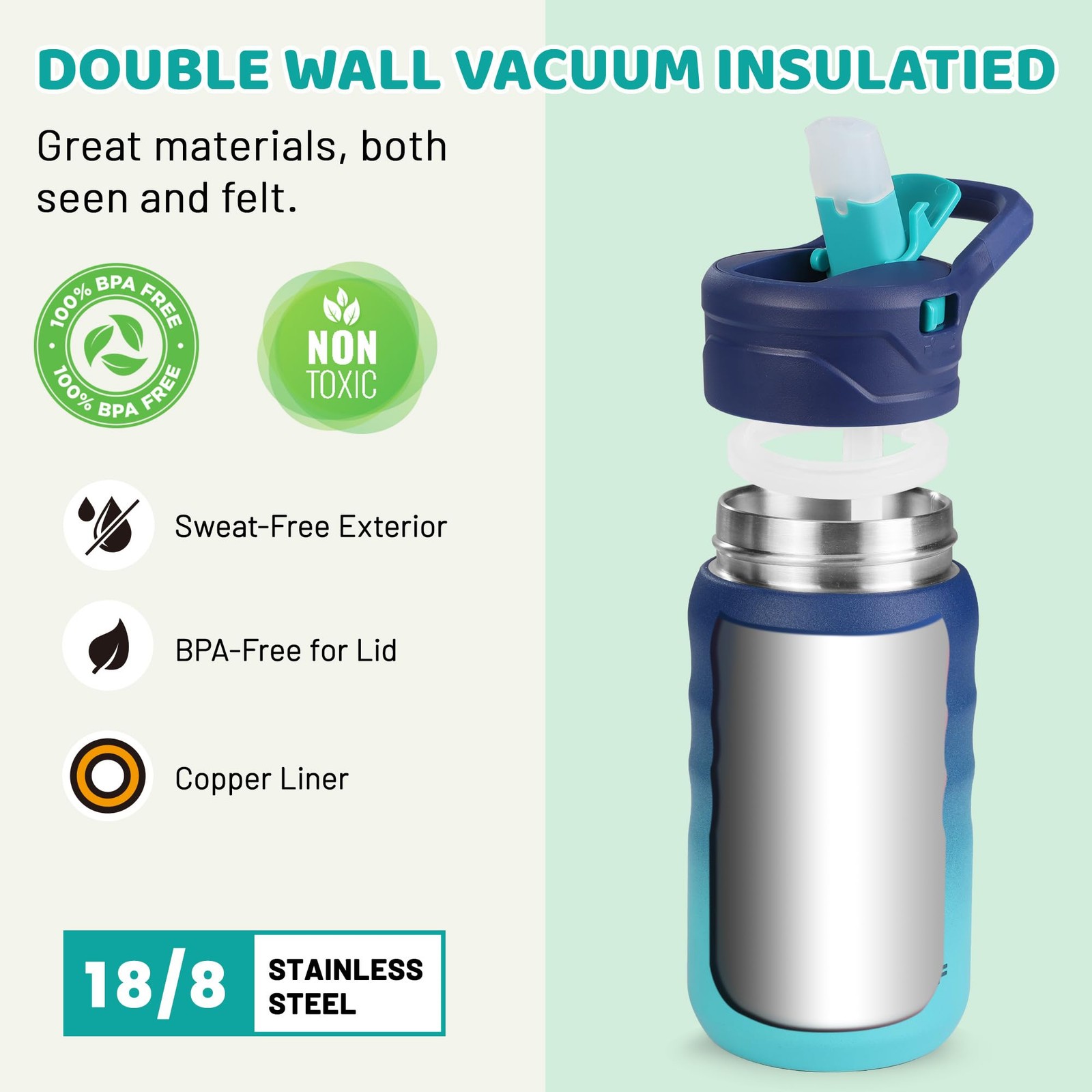 Haushof Kids Water Bottle 2-Pack 12 Oz Bpa-Free Straw And Stickers Stainless