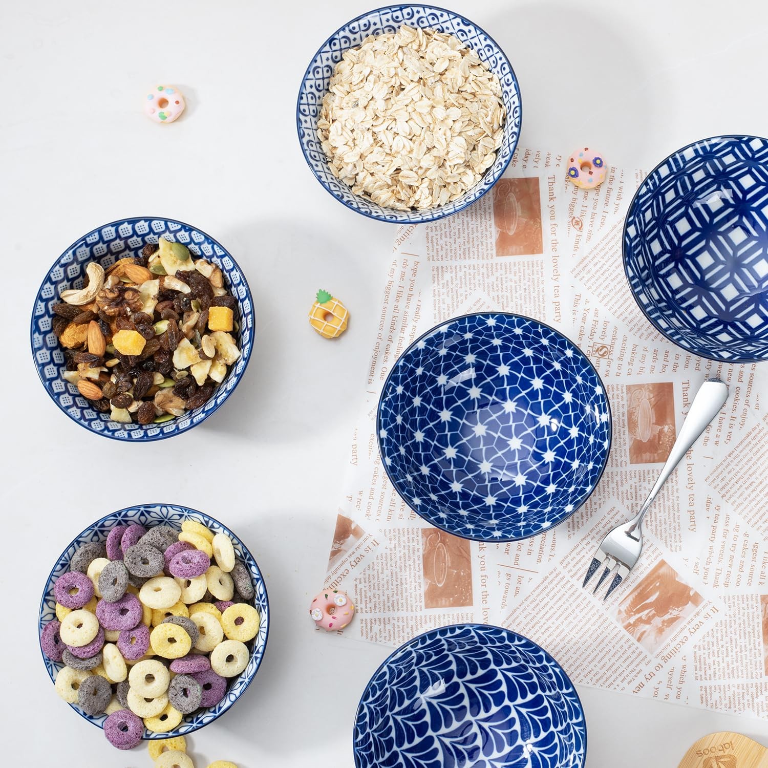 Blue and White Ceramic Bowls Set of 6 4.7in Small Dessert bowl 10 oz for ice