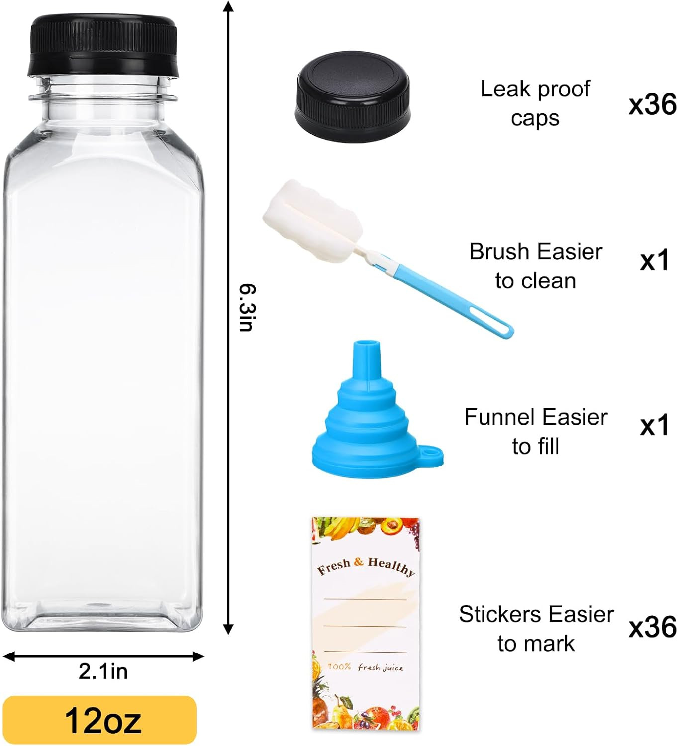 36Pcs 12Oz Juice Bottles with Lids, Reusable Clear Containers for Juices, Milk,