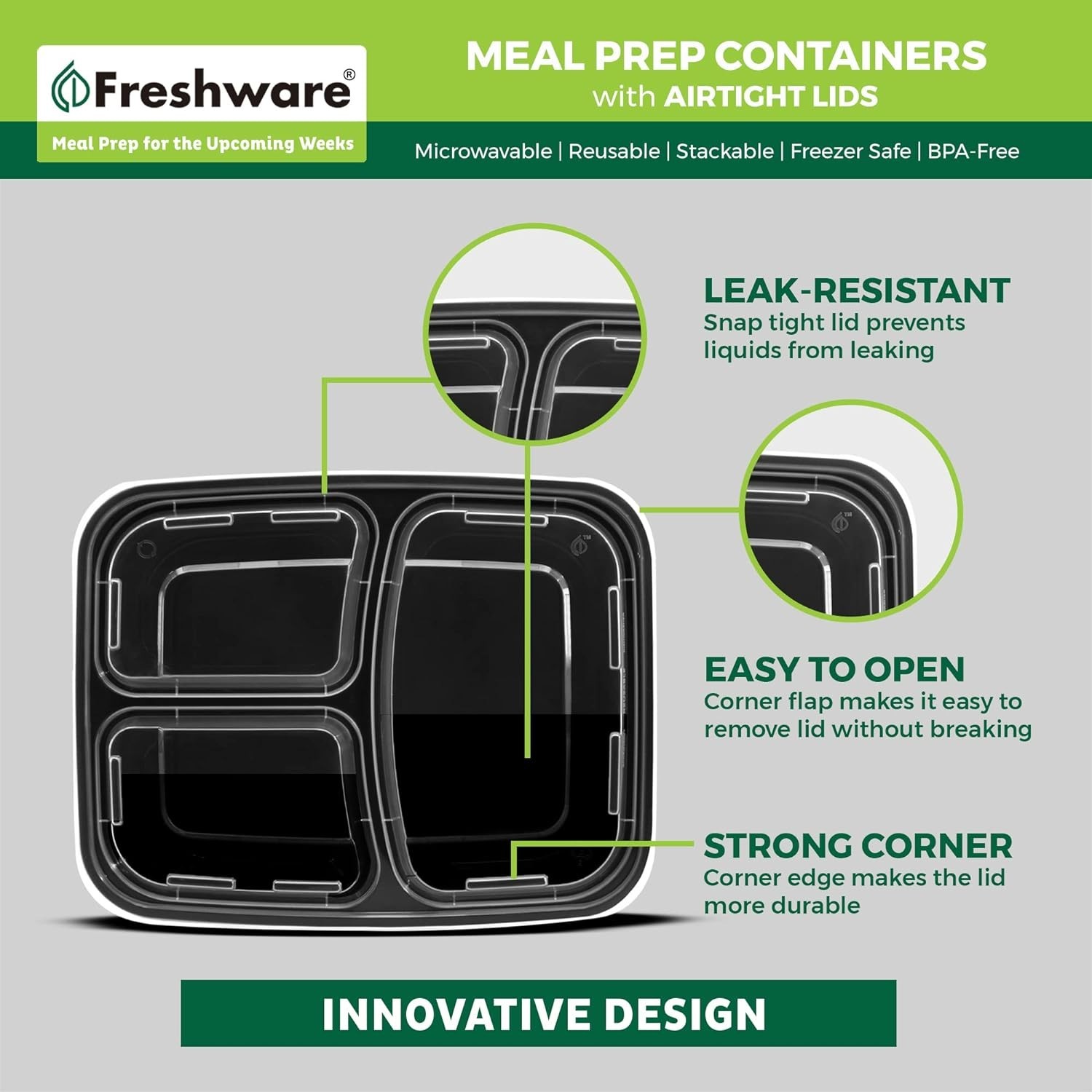 Meal Prep Containers [21 Pack] 3 Compartment with Lids, Food Storage Containe…