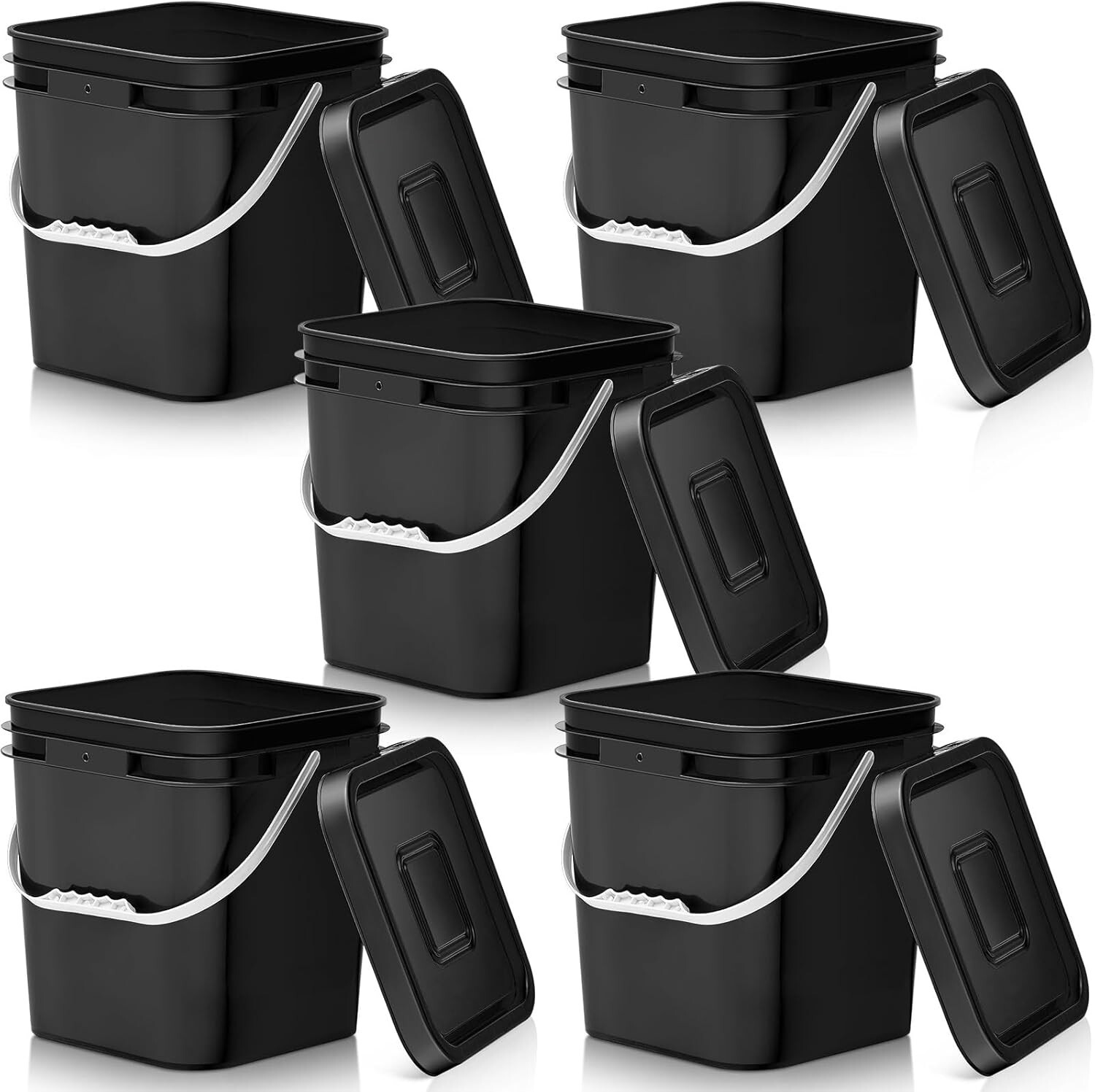 5 Pcs 3.5 Gallon Square Food Grade Bucket with Lid & Plastic Handle, Black