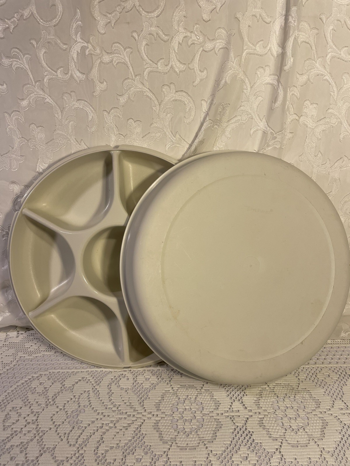 Vintage Tupperware 6 Section Snack Serving Tray Almond Lazy Susan Dip Center