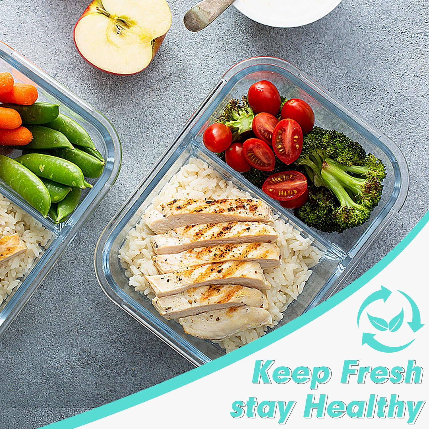 10 Pack Glass Meal Prep Containers – 2 Compartment Set, 30 OZ Airtight Glass Lun