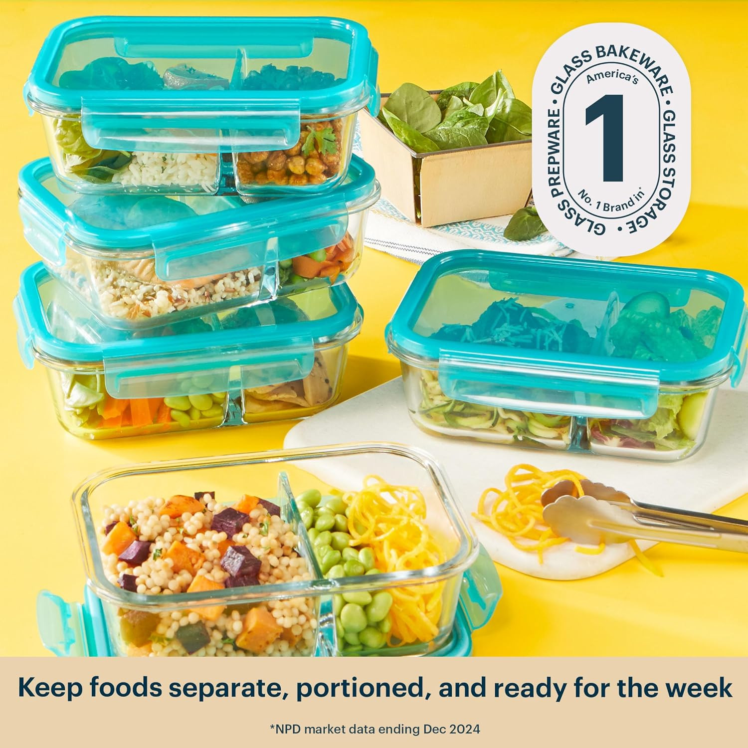 Glass Mealbox (5-Pack, 4 Cup) Divided Compartments with Locking Lids, for Meal P