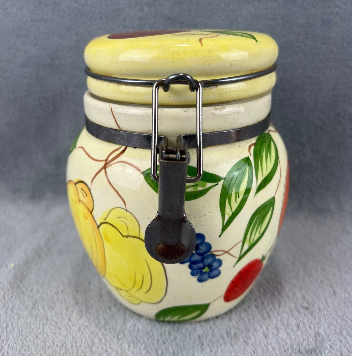 WCL Hinged Lid Canister Yellow Ceramic Handpainted Fruit Latch Cookie Treat Jar