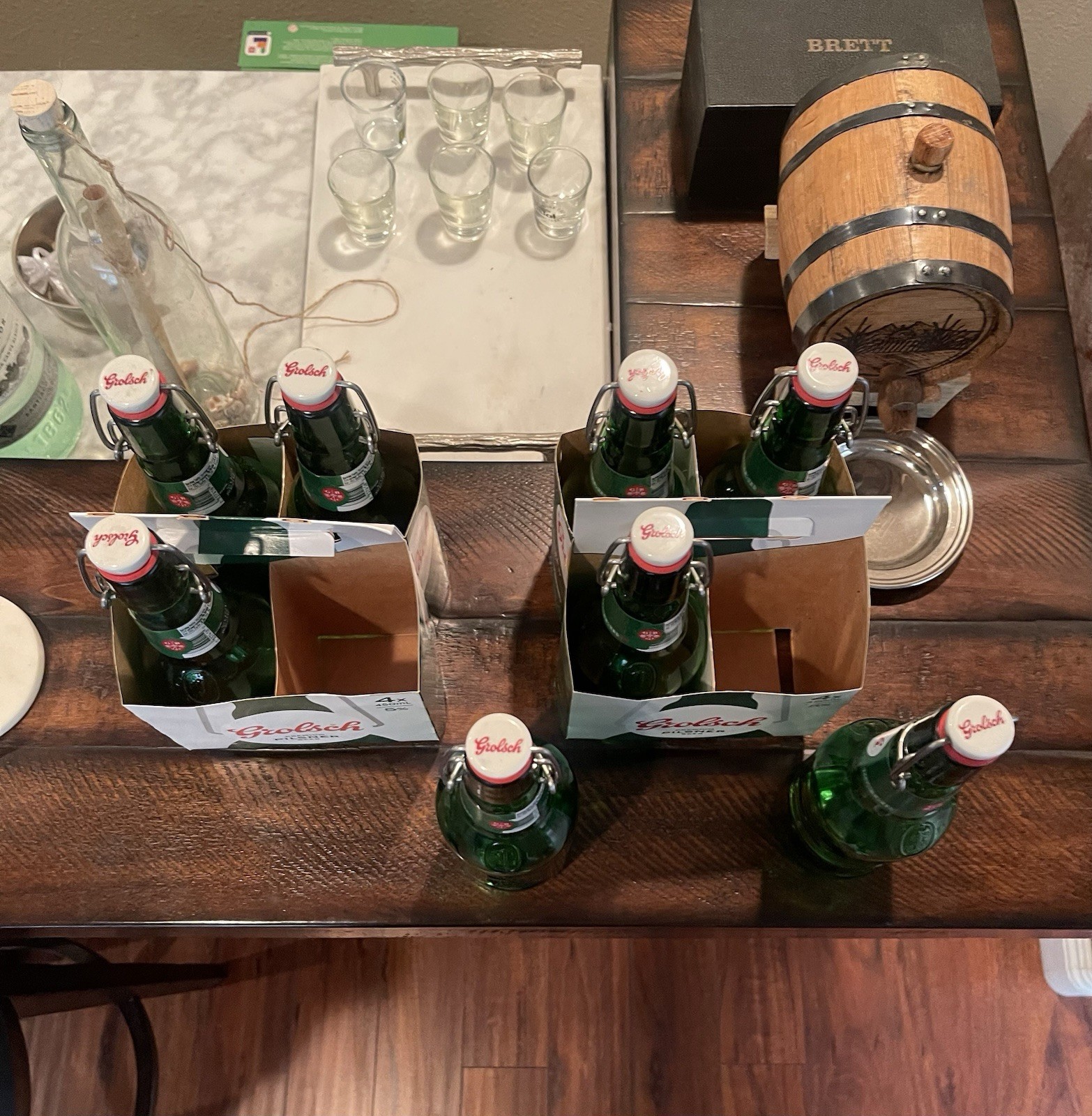 Grolsch Lot of 8 (Empty) Green Bottles With Ceramic Caps, Labels, 4 Holder