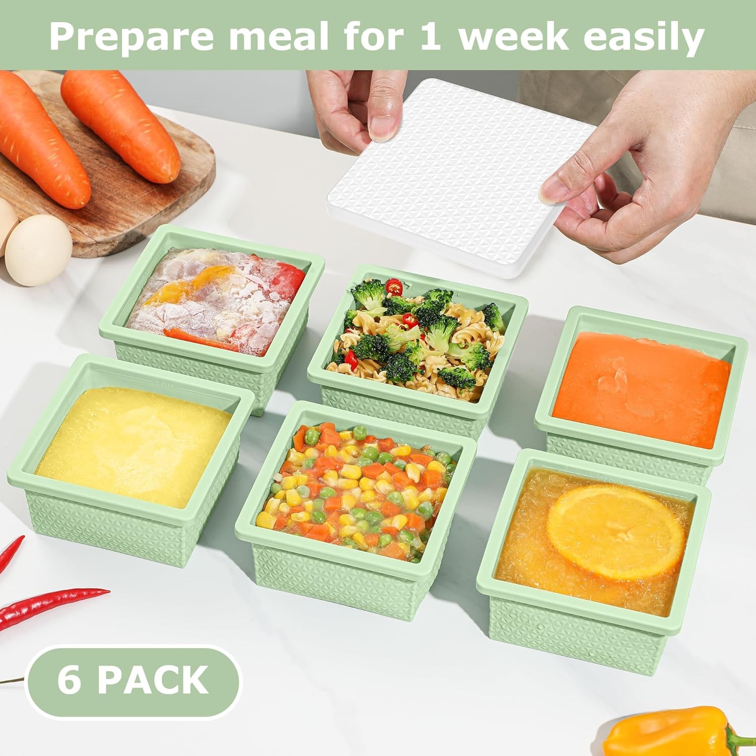 6 Pack-Silicone Freezer Tray with Lid-Stackable Soup Freezer Container Molds,2-C