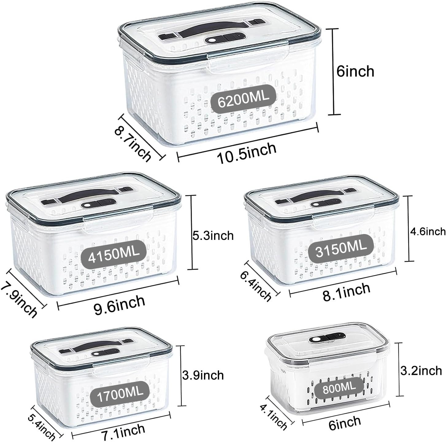 5 Pack Large Fruit Storage Containers for Fridge with vent holes and handle，A…
