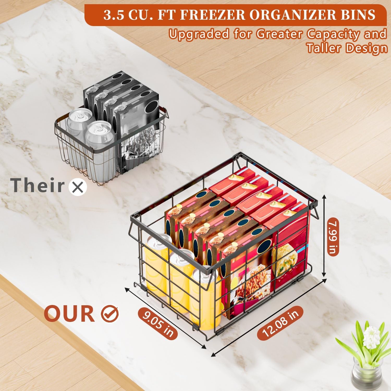 Stackable Freezer Organizer Bins – Expandable Collapsible 4 Pack, Black Wire Bas