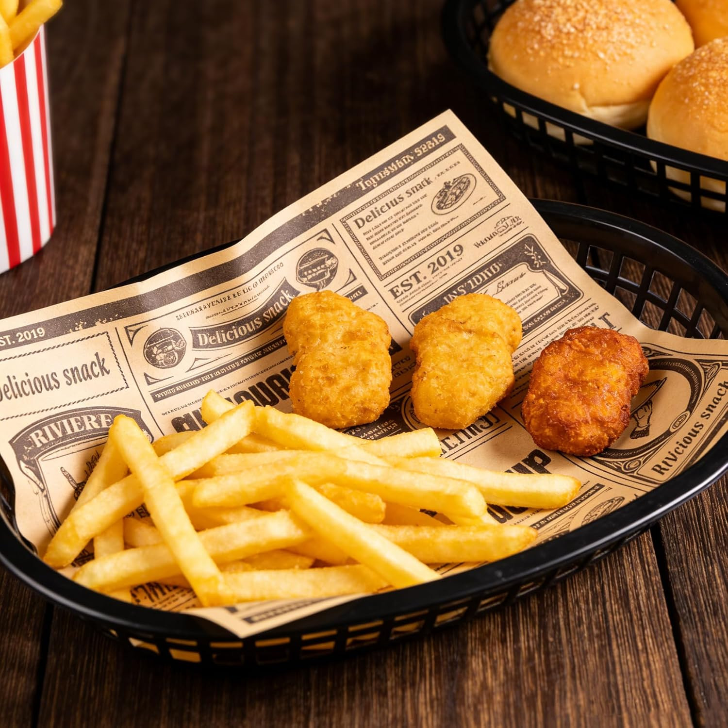 40 Pack Reusable Fast Food Baskets, 10.5×7 Inch Black Plastic Trays