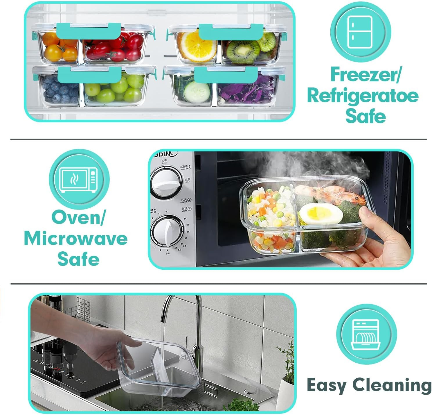 10 Pack Glass Meal Prep Containers – 2 Compartment Set, 30 OZ Airtight Glass Lun