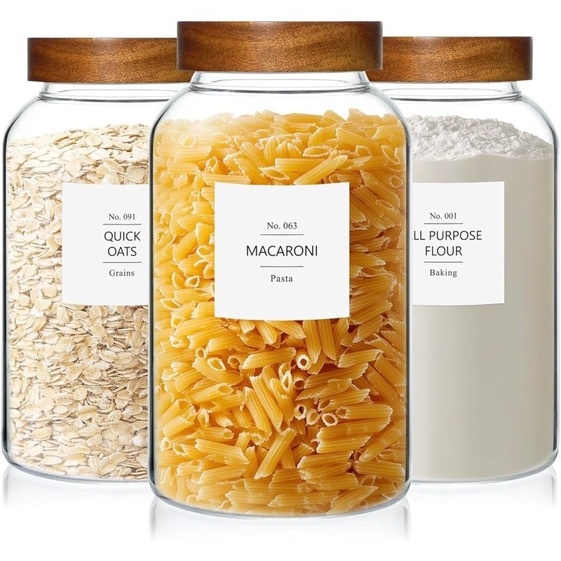 Large Glass Food Storage Jars W/ Airtight Wood Lids & Labels Kitchen Pantry New