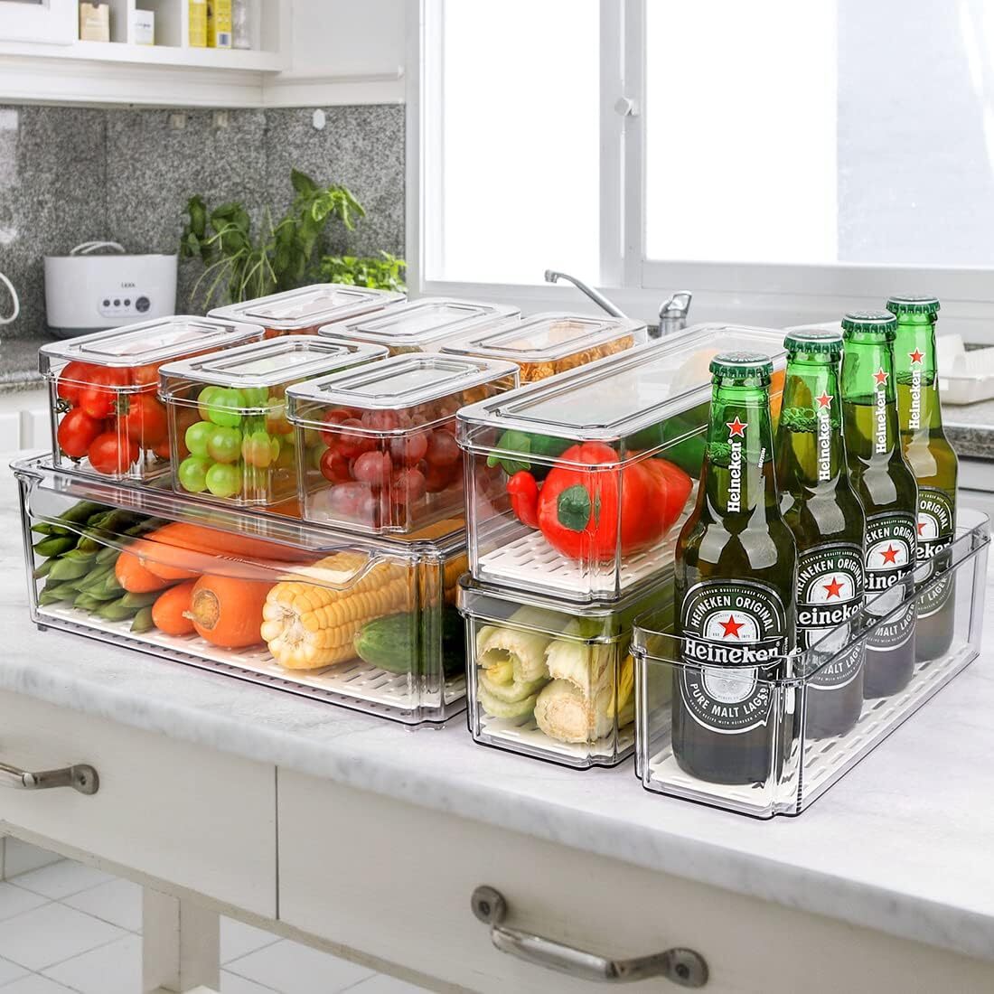 10pcs Clear Plastic Stackable Fridge Organizer Bins w/ Lids-Kitchen,Drinks,Fruit