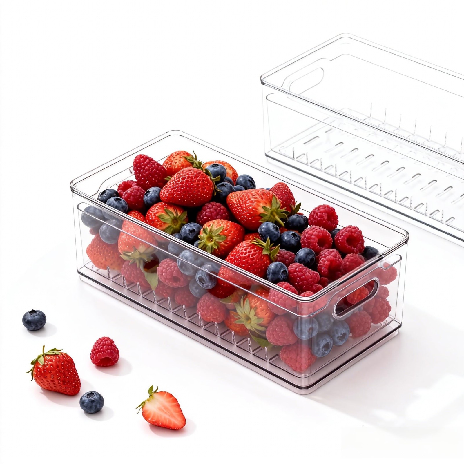 1 Pack Long Fridge Fruit Storage Box with Drain Lid