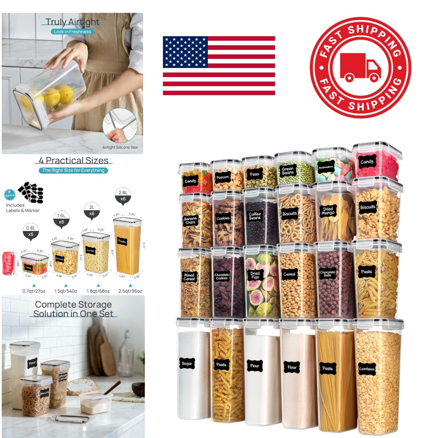 Plastic Kitchen Storage Canisters 24 Count with Labels Airtight Food Containers