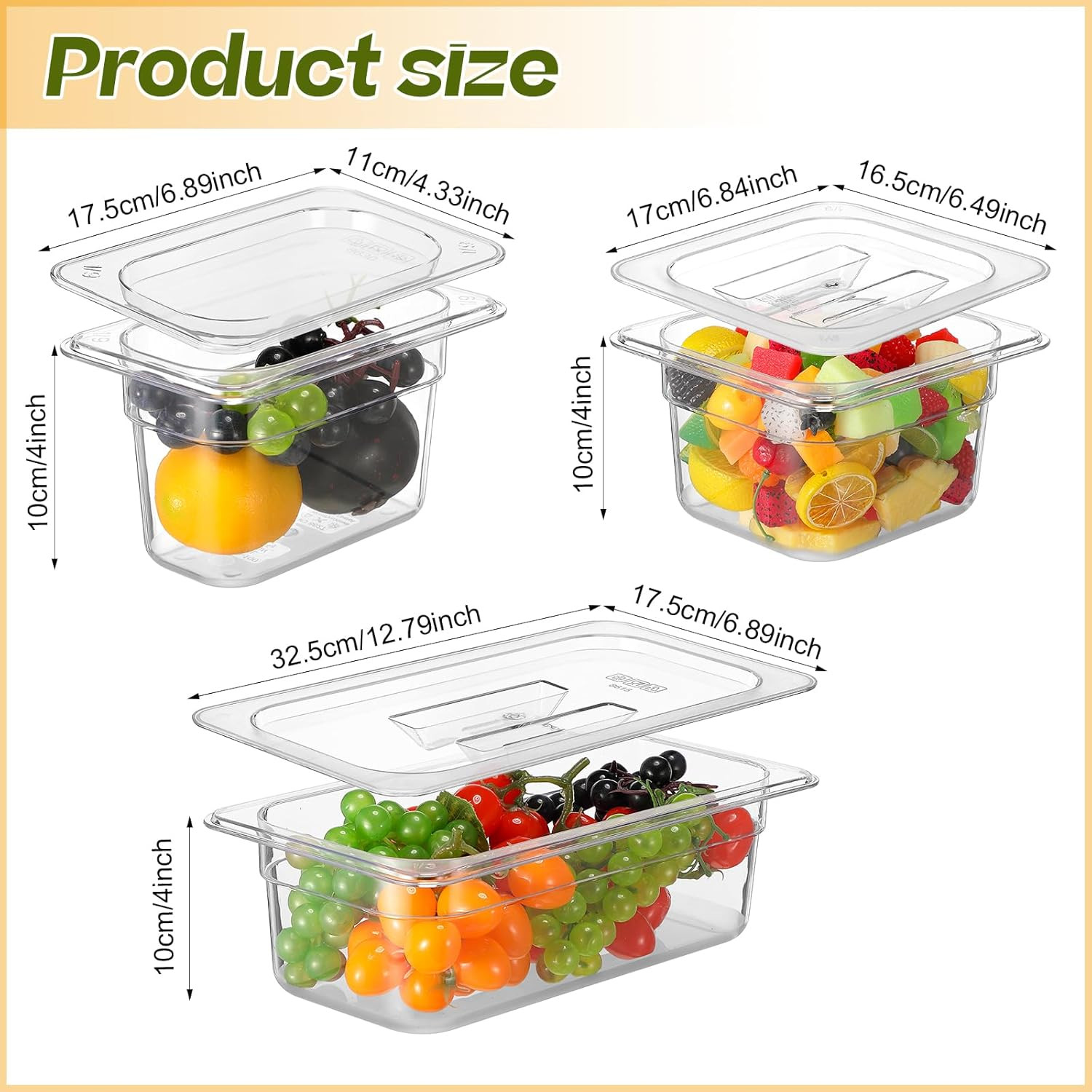12 Pcs Plastic Food Pans with Lids 1/3, 1/6, 1/9 Size 4” Deep Clear Stackable P