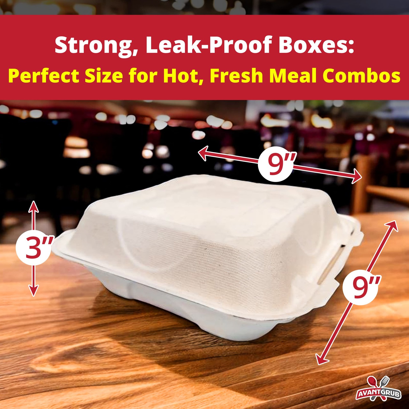 Durable, Leak-Proof Take-out Food Box, 25 Pack. Large, 9 x 9 Sturdy Plant-Bas…
