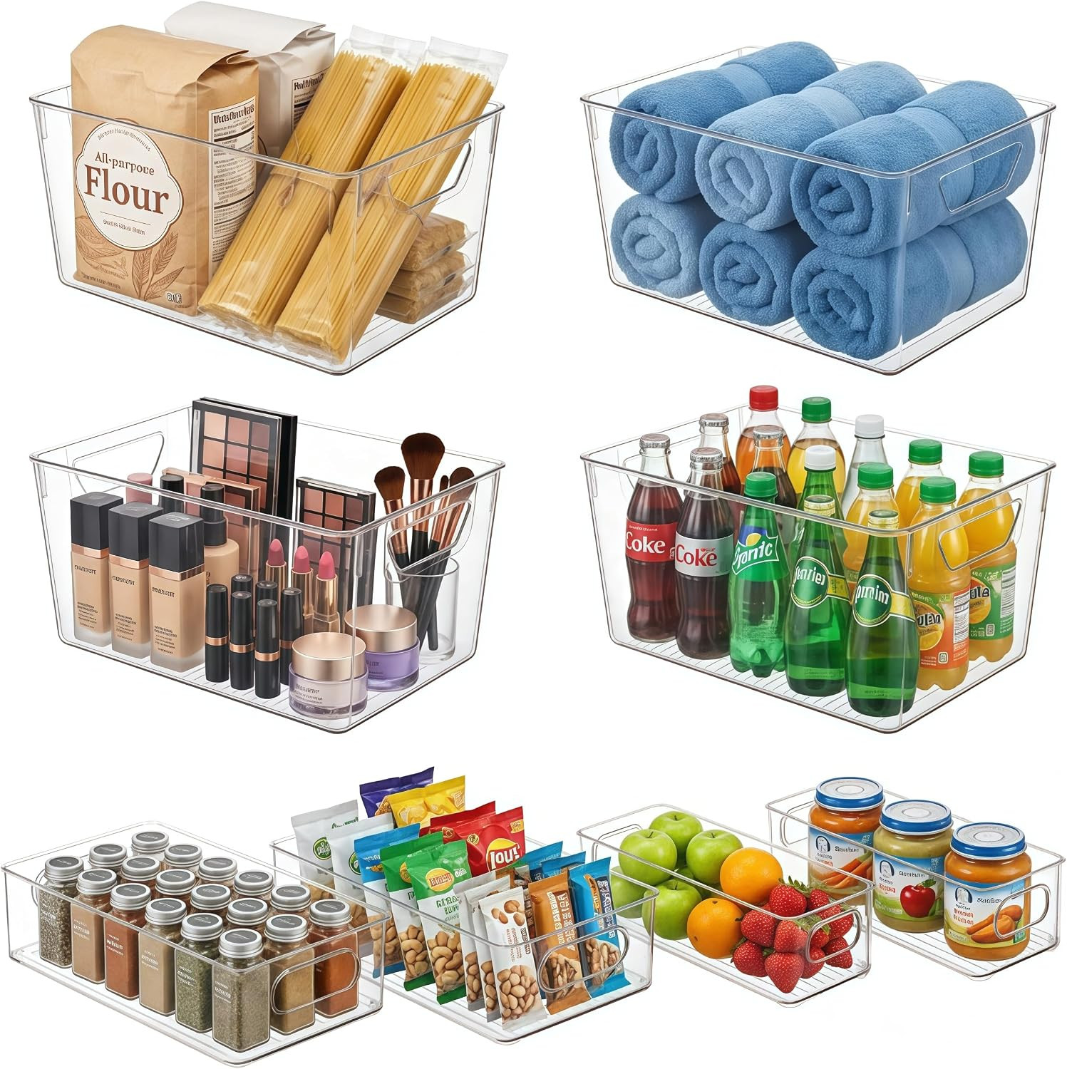 8 Pack Multi-Purpose Clear Storage Bins, Pantry Organizers and Storage | 4 Large