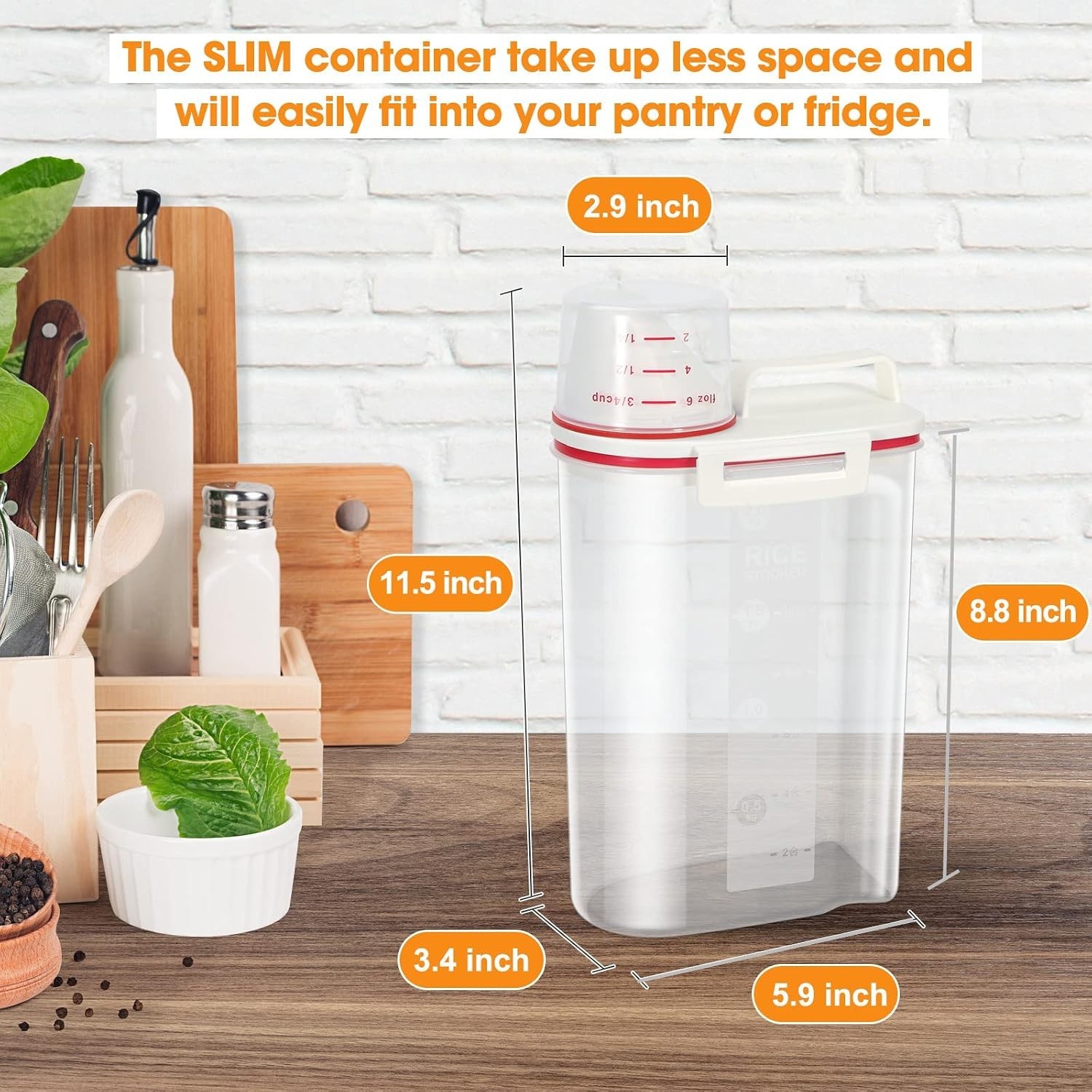 Compact Rice Storage Container, Air Tight with Measuring Cup