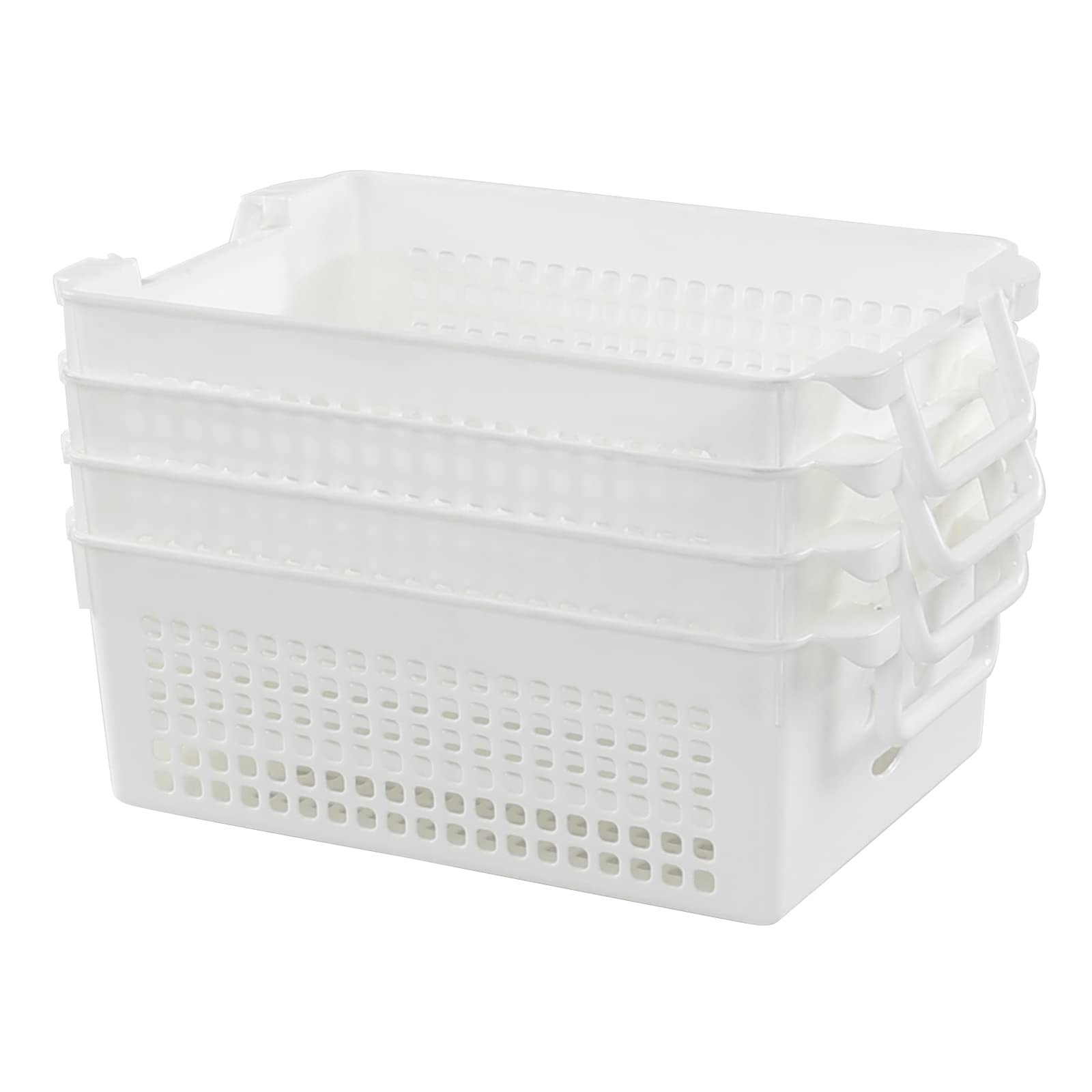 4 Packs Plastic Stackable Organizer Baskets with Handle, White