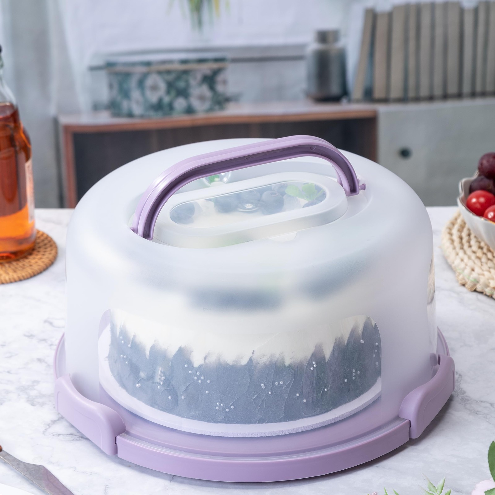 10in Plastic Cake Carrier with Handle, Round Cake Holder with Lid Pink Cake C…