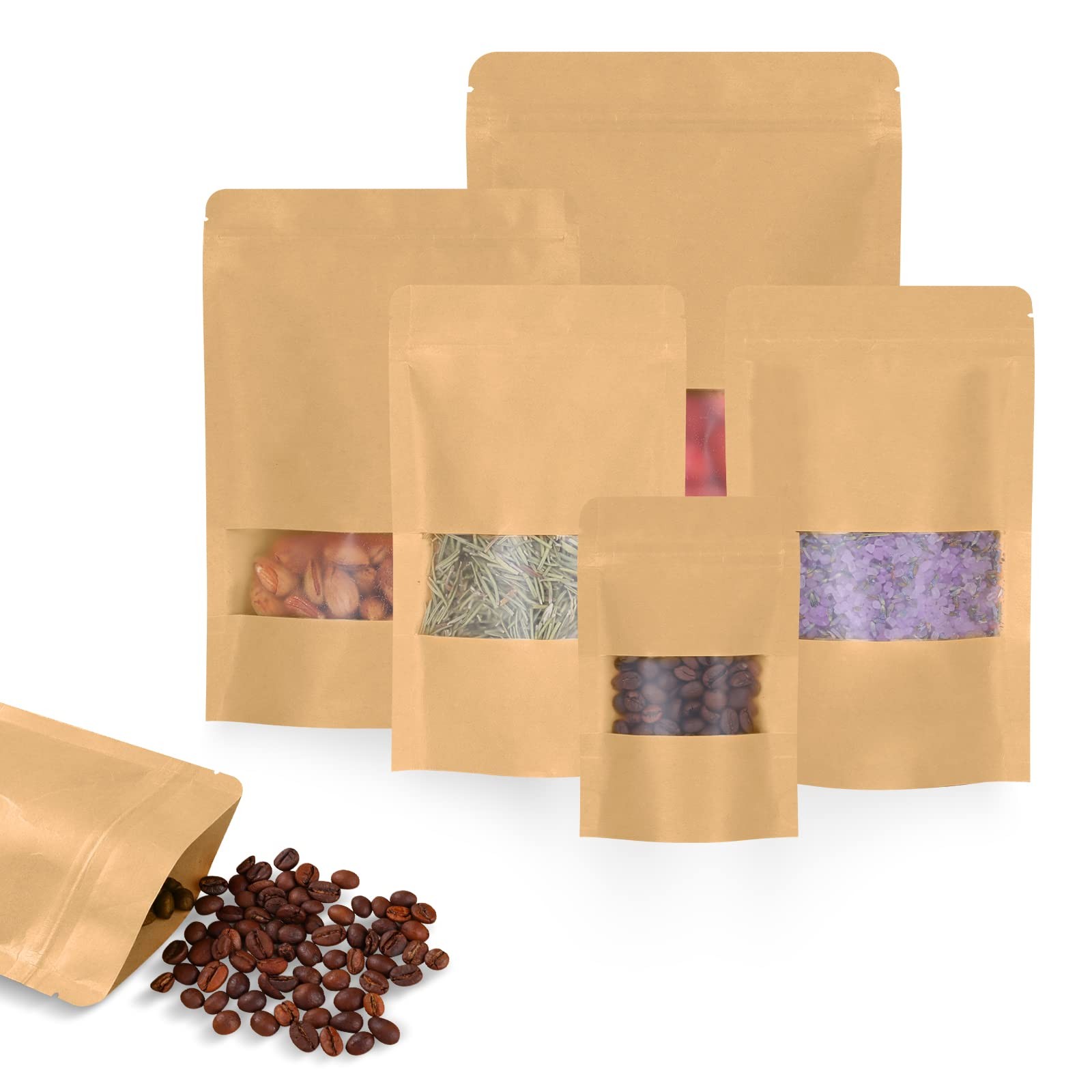 100pcs Kraft Bags with Window 4.7×7.8 Inches Brown Reusable Sealable Zip Lock…