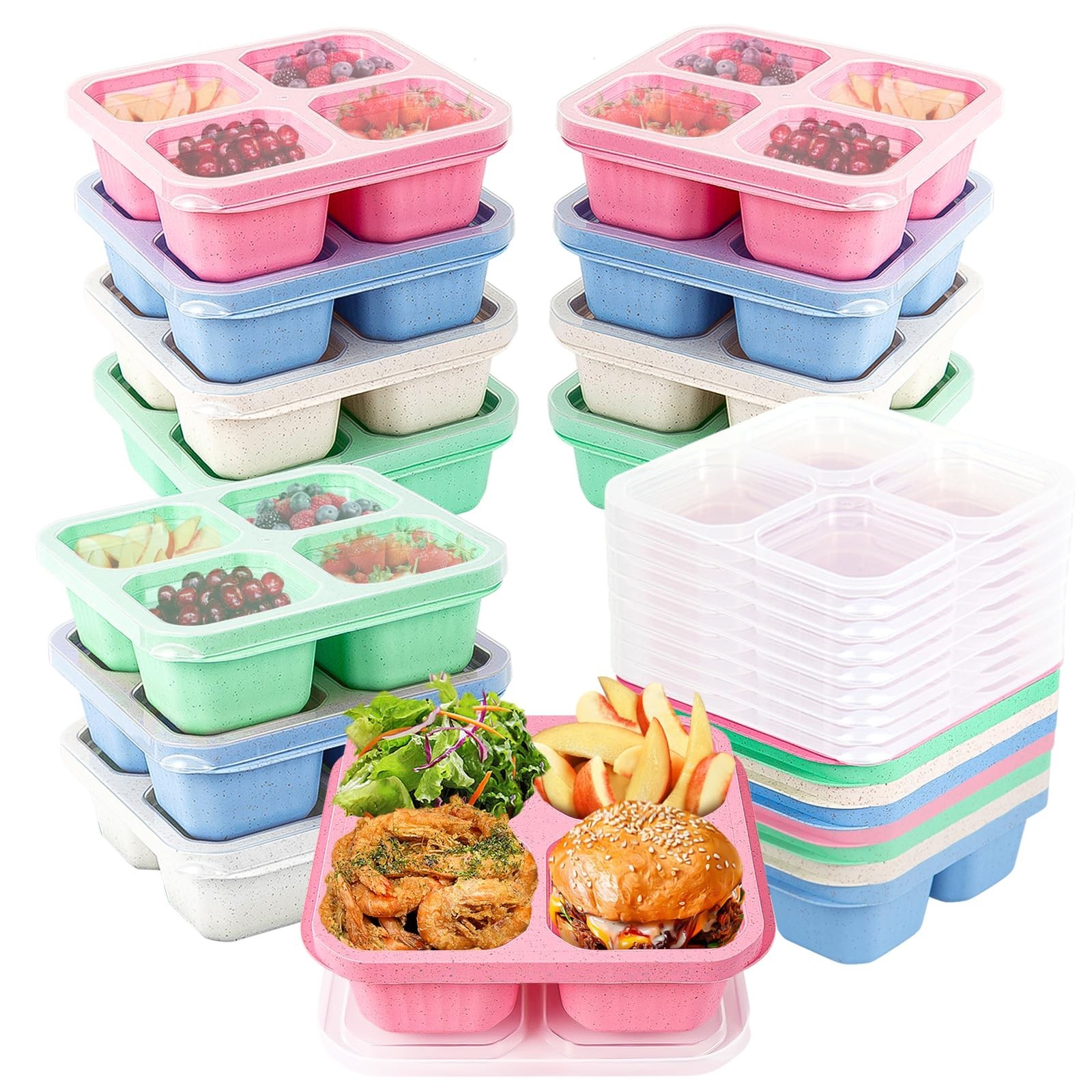 20Pcs Reusable Snack Containers Set, 4-Compartment Bento Boxes with Lids & Utens