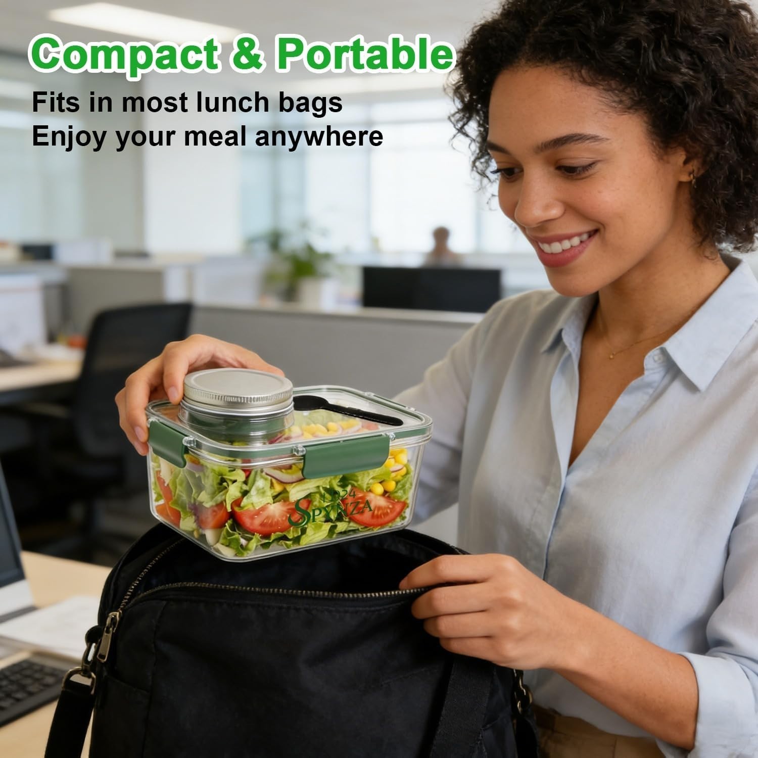 Spynza 34oz Salad Lunch Container Meal Prep Bowl Dressing Cup Fork Green NEW