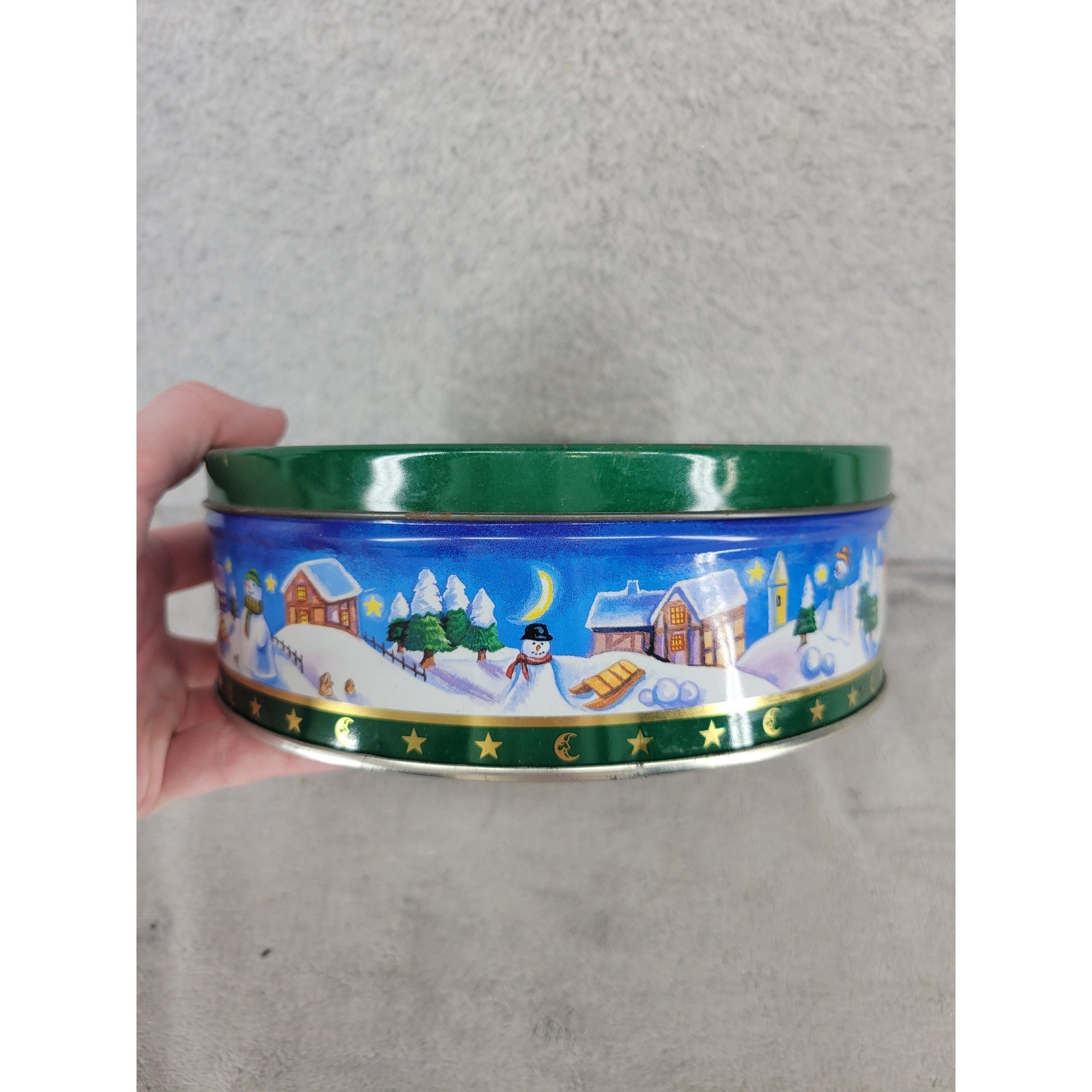 KelsenBisca Danish Butter Cookies Tin Round Vintage Christmas Snowman Scene