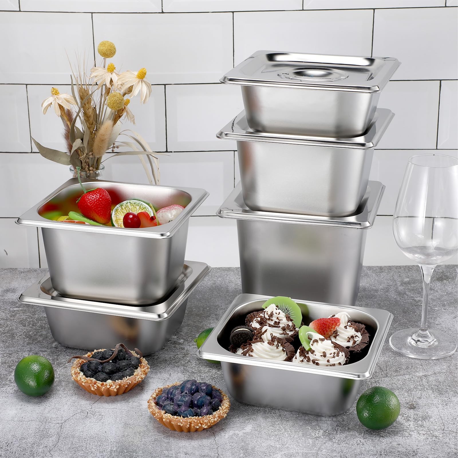 Ziliny 12 Pack Stainless Steel Hotel Pans with Lid 1/6 Size Steam Table Anti …