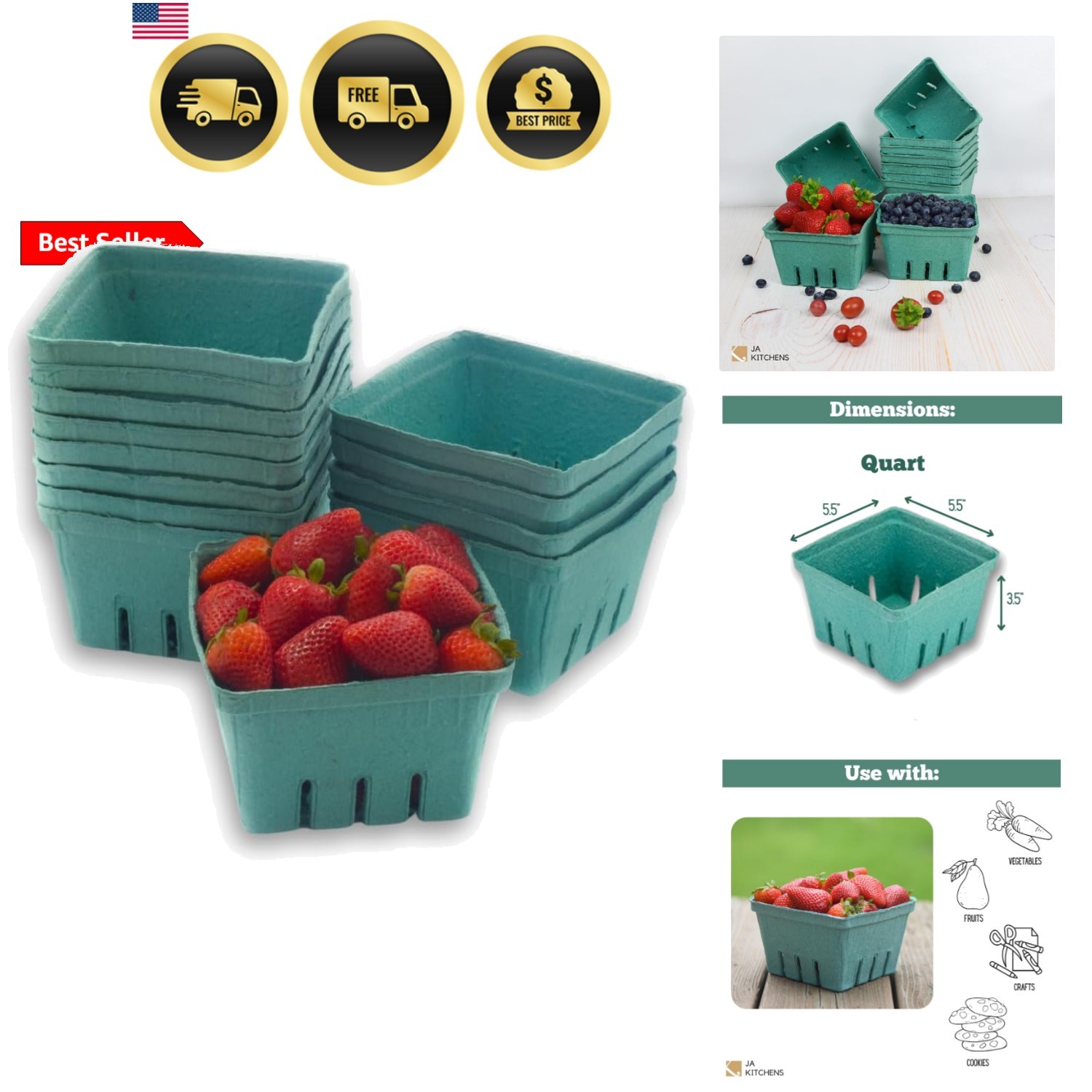 42 Pack QUART Green Molded Pulp Fiber Berry/Produce Vented Baskets for Fruit …