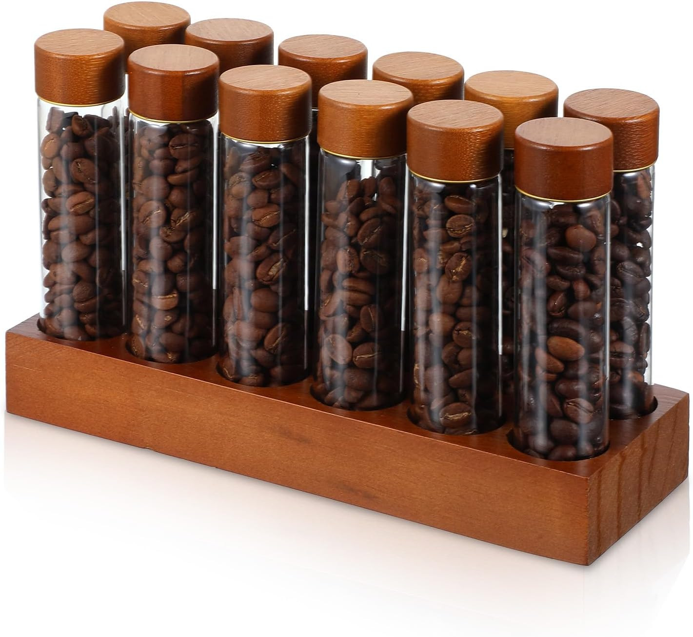 12-Pack Single Dose Coffee Bean Storage Tubes with Pine Wood Stand – Airtight Gl